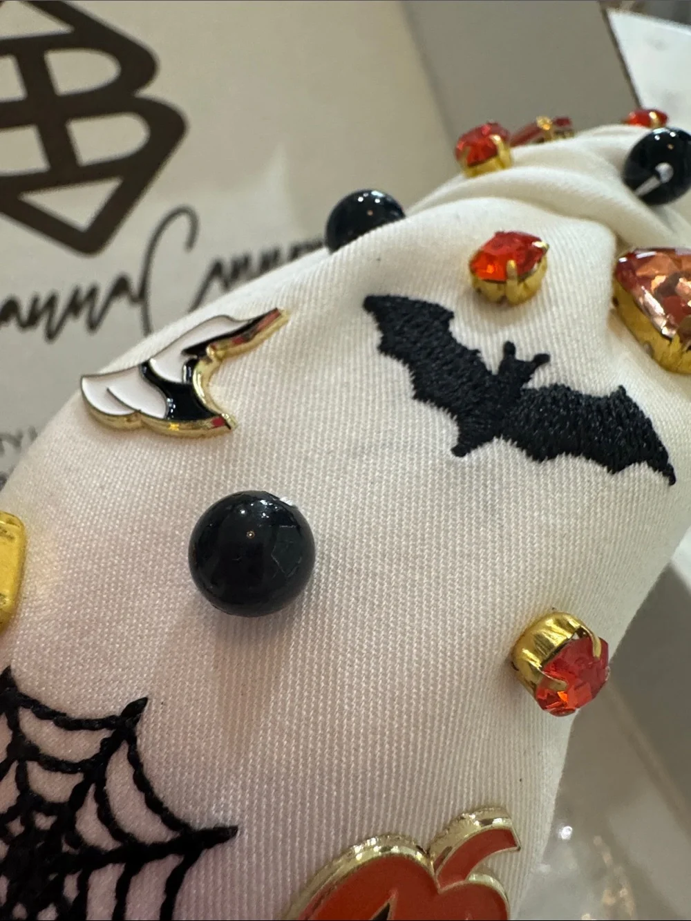 White Halloween Pumpkin Gem Embellished Padded Headband